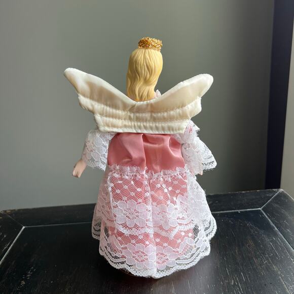 Pink and White Angel Christmas Tree Topper-9 inches Porcelain Head Small 9.5 in - Picture 3 of 9